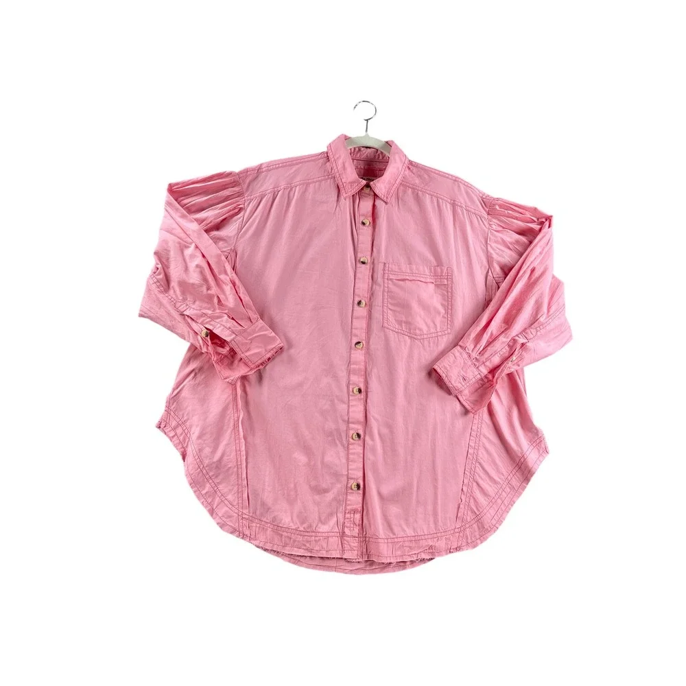 Free People We The Free Strawberry Cream Pink Oversized Button Down Shirt XS NEW